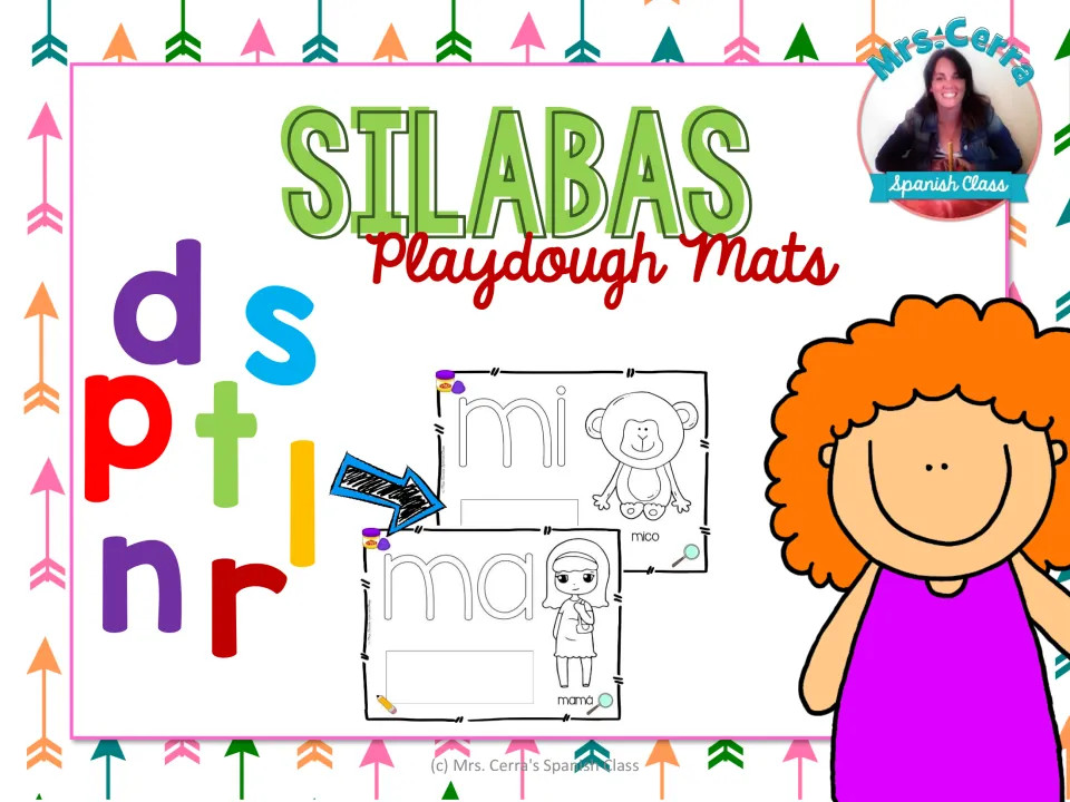 Cover of the Spanish syllable playdough mat resource, showing sample ma and mi mats and lowercase letters
