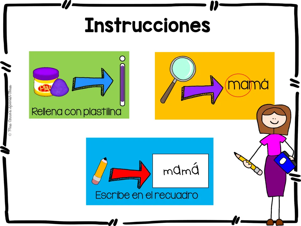 Spanish mat instructions: fill letters with playdough, find ma in mamá (mom), and write the pictured word