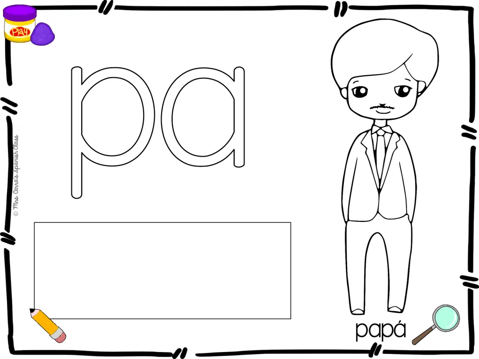 Spanish syllable playdough mat for pa, paired with a father illustration and papá (dad) for word practice