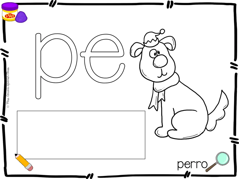 Spanish syllable playdough mat for pe, paired with a dog illustration and perro (dog) for word practice