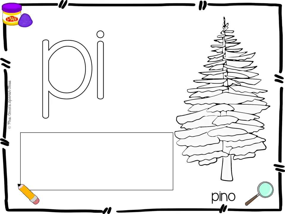 Spanish syllable playdough mat for pi, paired with a pine tree illustration and pino (pine) for word practice