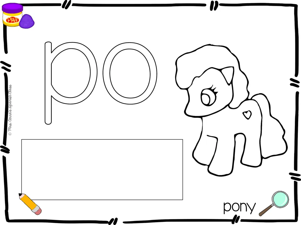 Spanish syllable playdough mat for po, paired with a pony illustration and pony (pony) for word practice