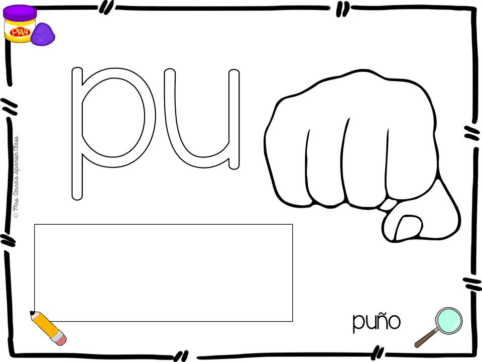 Spanish syllable playdough mat for pu, paired with a fist illustration and puño (fist) for word practice