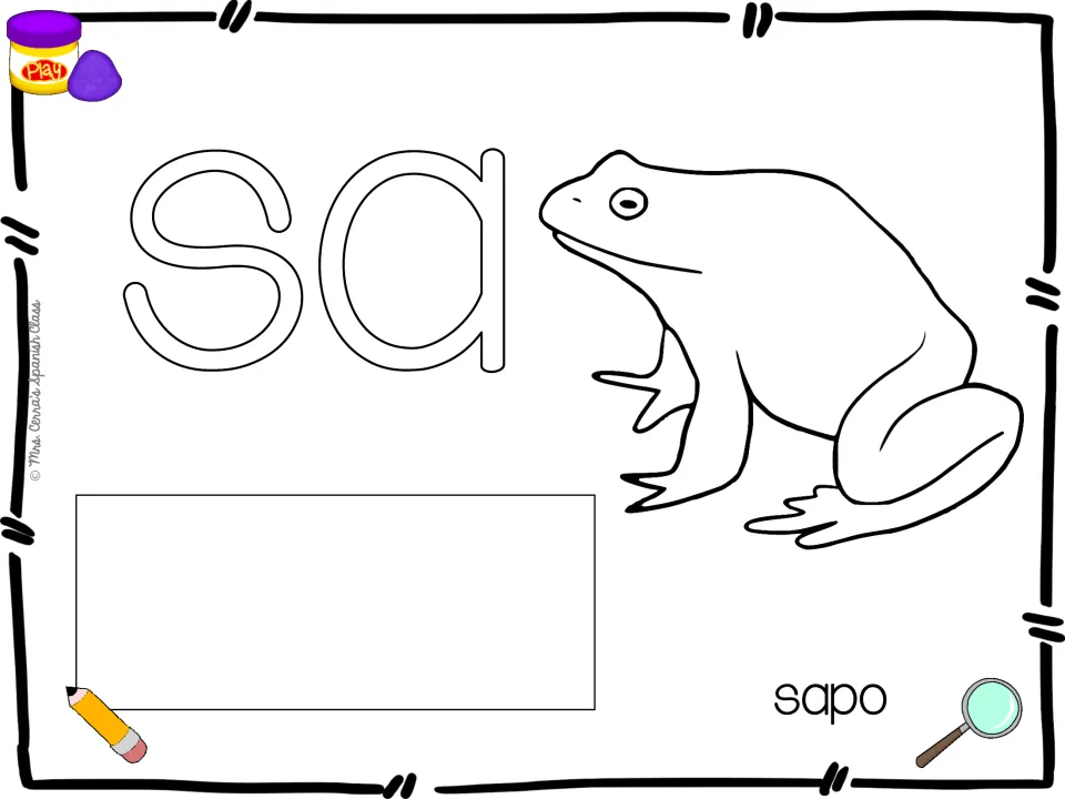Spanish syllable playdough mat for sa, paired with a toad illustration and sapo (toad) for word practice