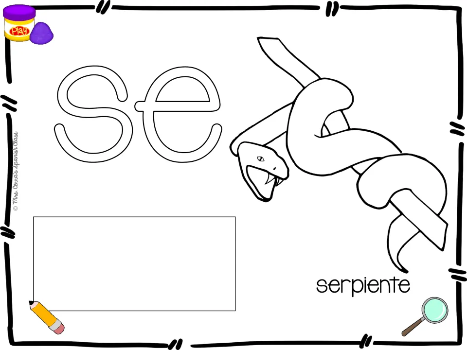 Spanish syllable playdough mat for se, paired with a snake illustration and serpiente (snake) for word practice