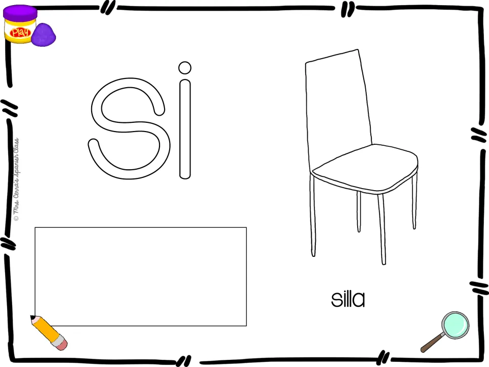 Spanish syllable playdough mat for si, paired with a chair illustration and silla (chair) for word practice
