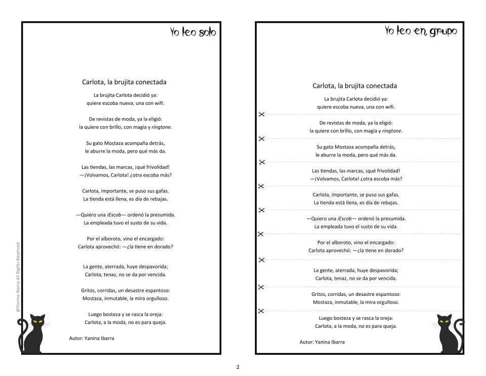 Spanish poem about Carlota seeking a Wi-Fi broom, printed twice for independent reading and group reading