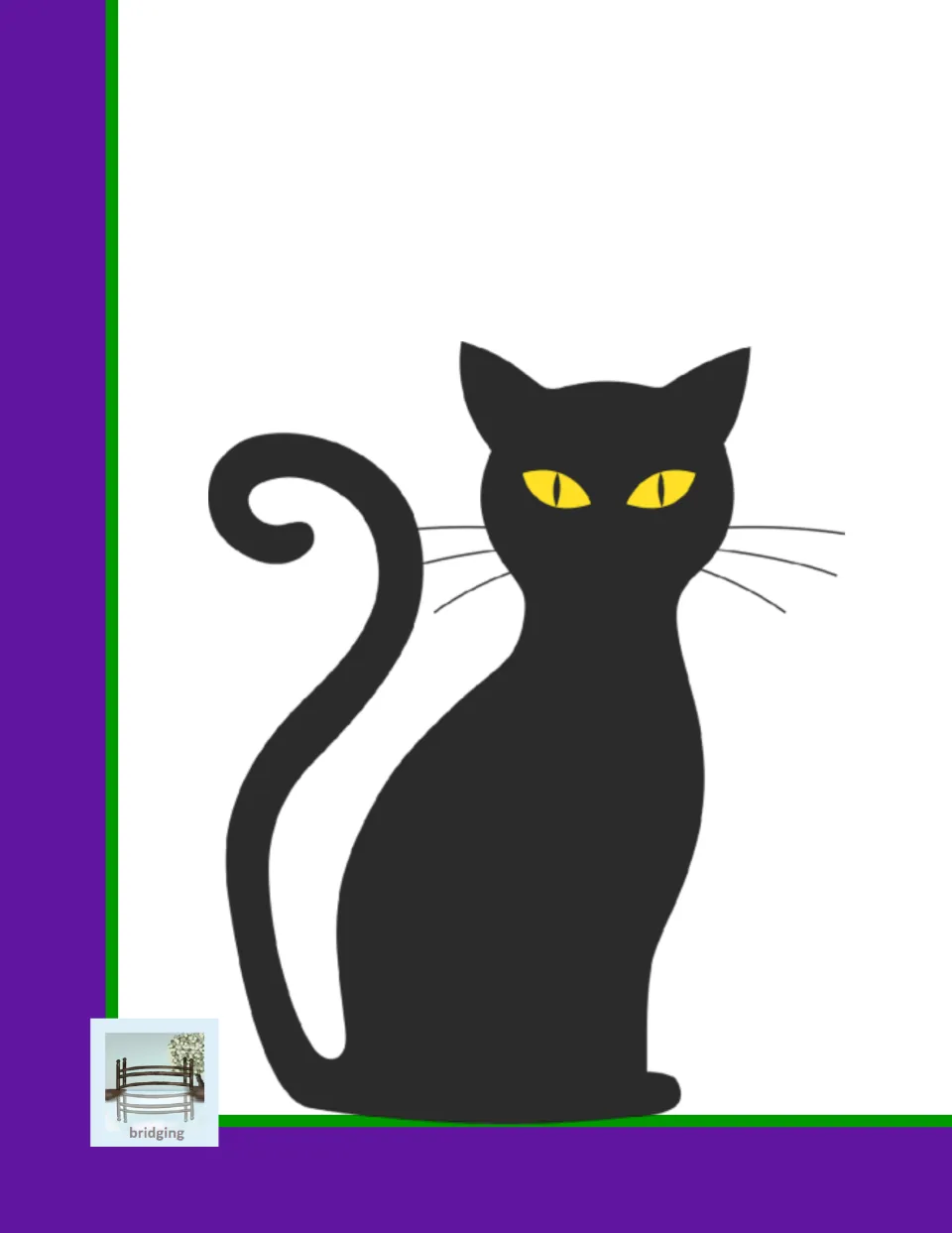 Lower-left sheet of the Spanish poem poster showing a black cat with yellow eyes, illustrating Carlota's cat.