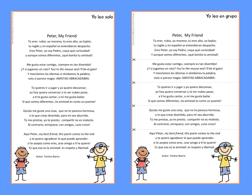 Color friendship poem versions labeled Yo leo solo (I read alone) and Yo leo en grupo (I read in a group)