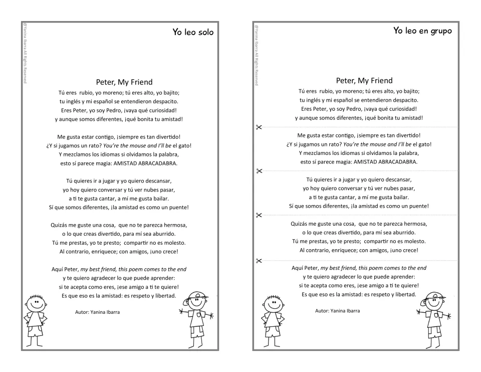 Black-and-white friendship poem versions for individual reading and group reading, with stanzas to cut apart