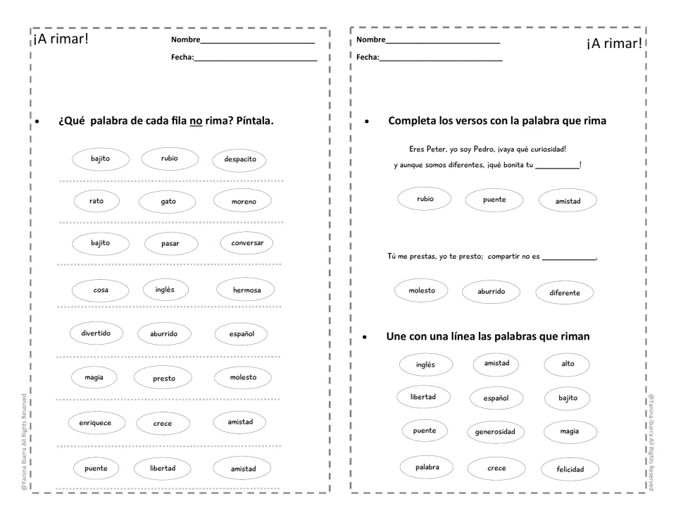Spanish rhyme practice: identify words that do not rhyme, complete poem verses, and match rhyming words