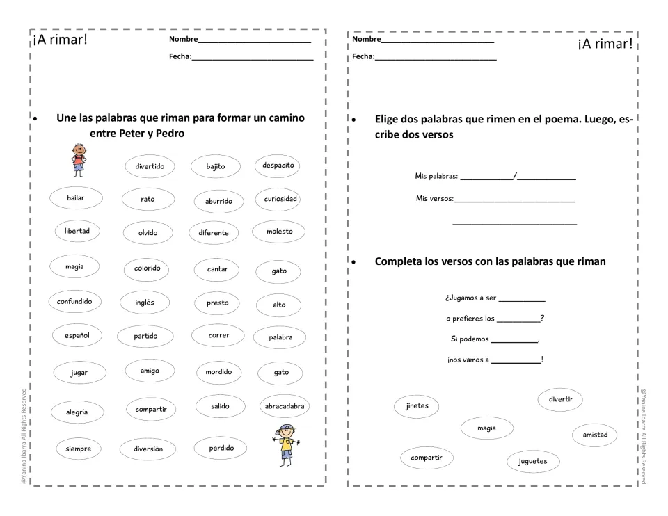 Spanish rhyme activities: connect a word path between Peter and Pedro, write two verses, and complete a stanza