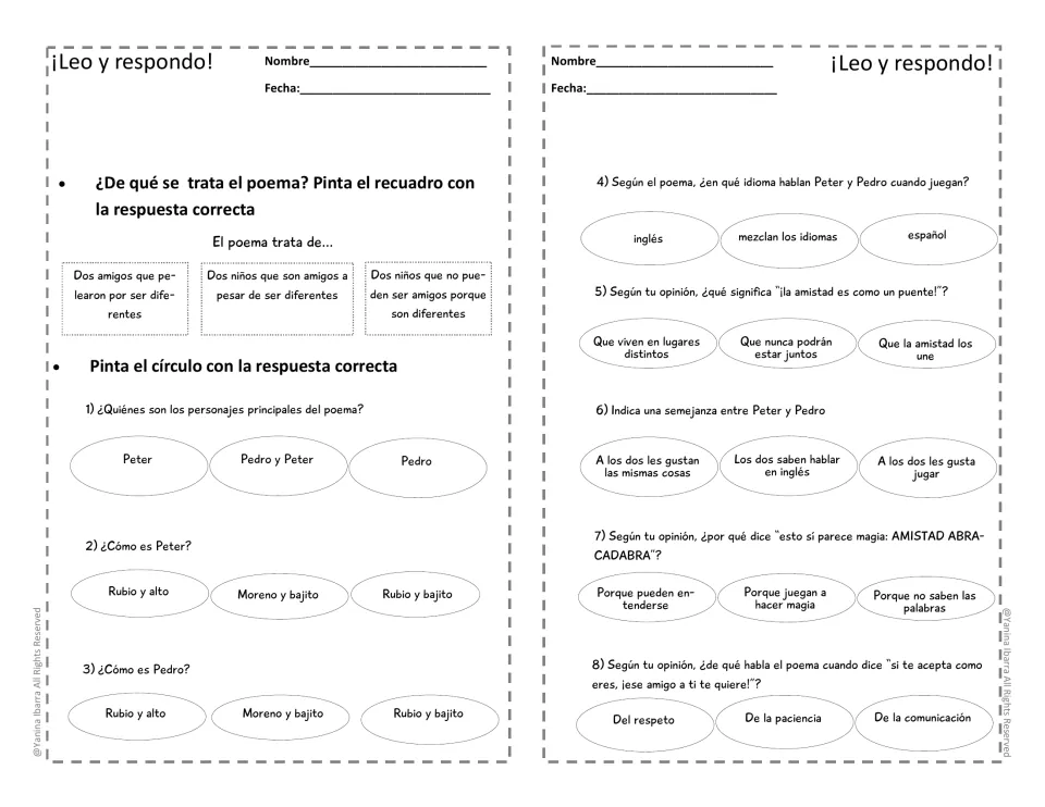 Spanish poem comprehension questions on the main idea, Peter and Pedro, mixed languages, friendship, and respect