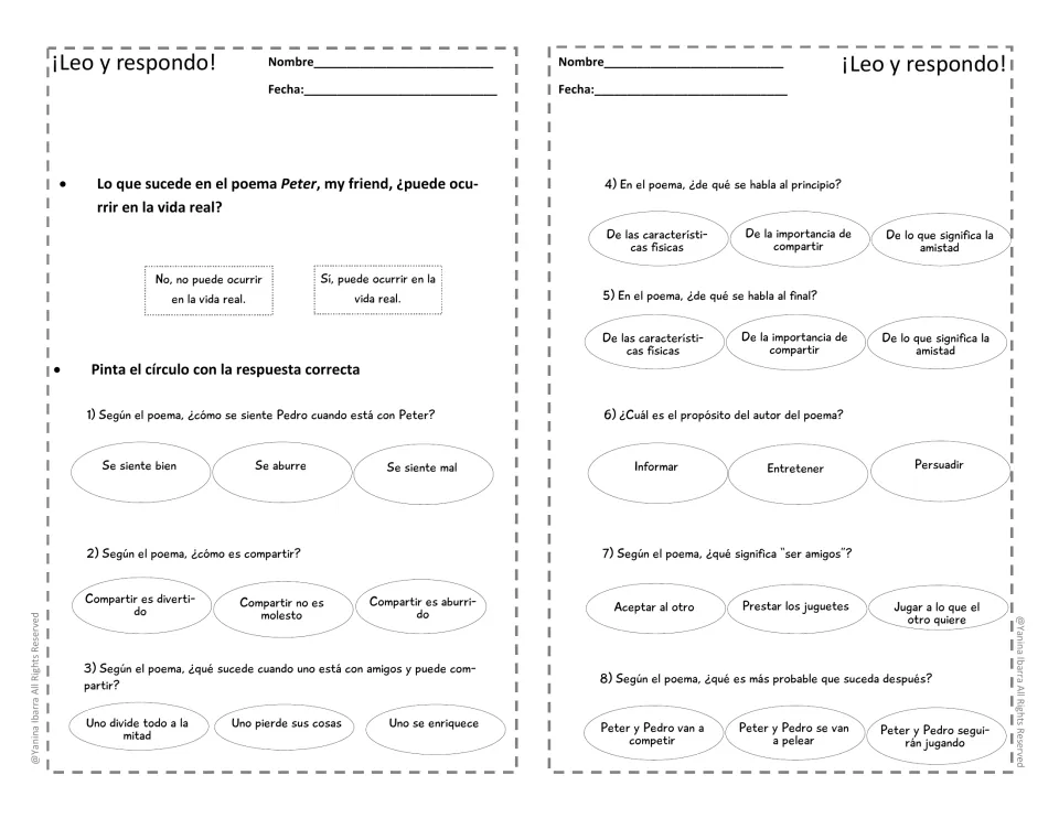 Spanish poem questions about real-life events, feelings, sharing, beginning and ending, author purpose, and prediction