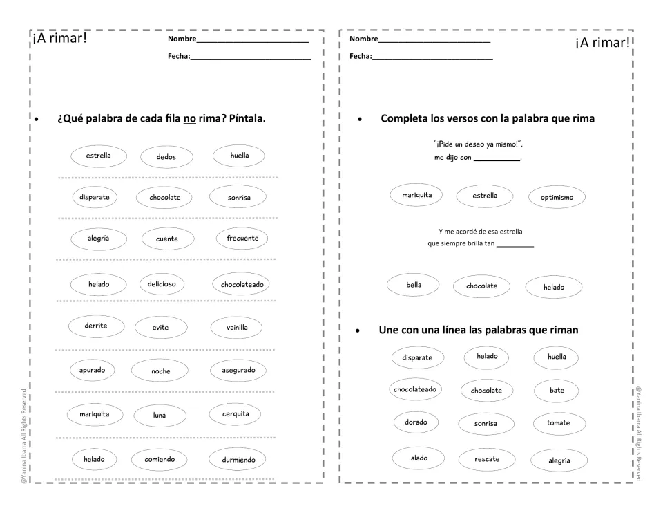 Spanish rhyme practice: identify words that do not rhyme, complete poem verses, and match rhyming words.