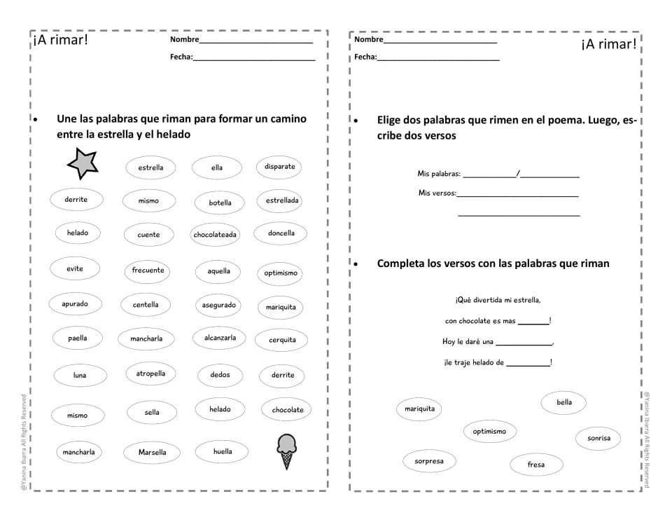Spanish rhyming practice: connect rhyming words, write two verses, and complete verses using a word bank.