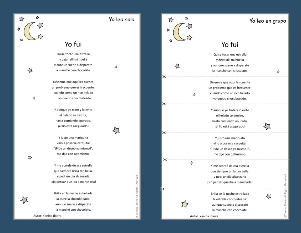 Spanish poem 'Yo fui' in solo and group reading versions, about a boy who stains a star with chocolate.