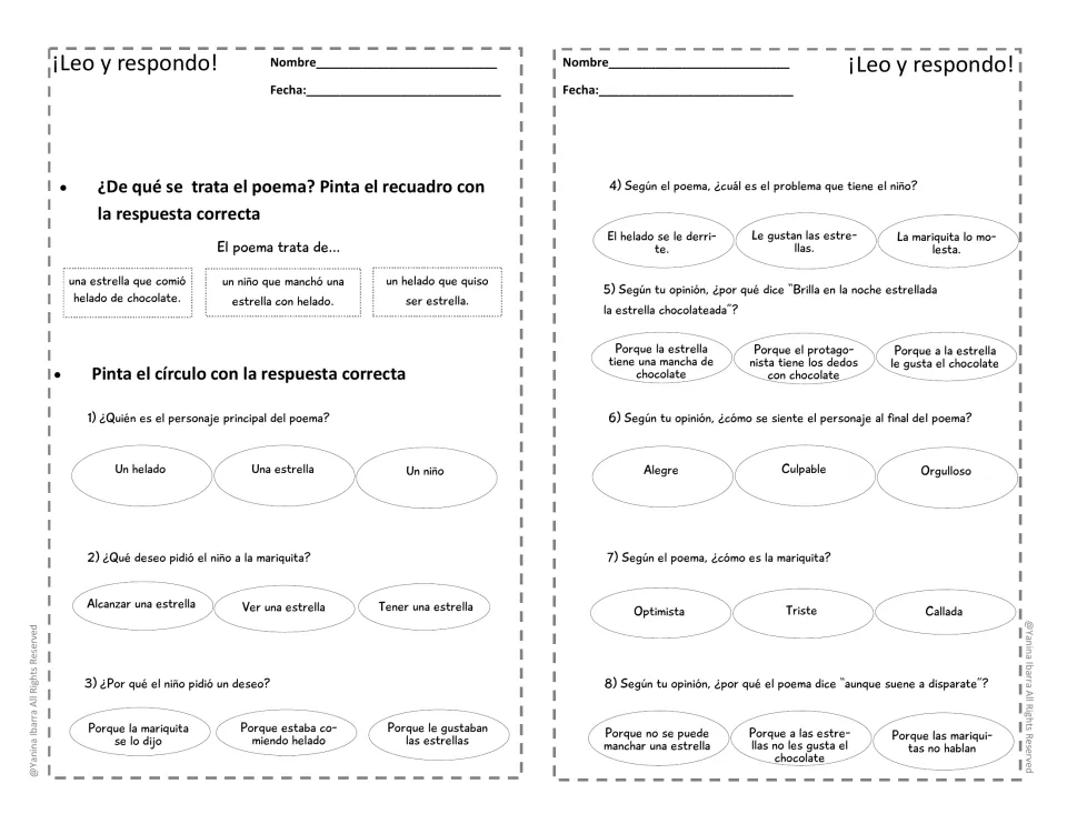 Reading response activities for 'Yo fui': a poem summary choice and eight questions about events and feelings.