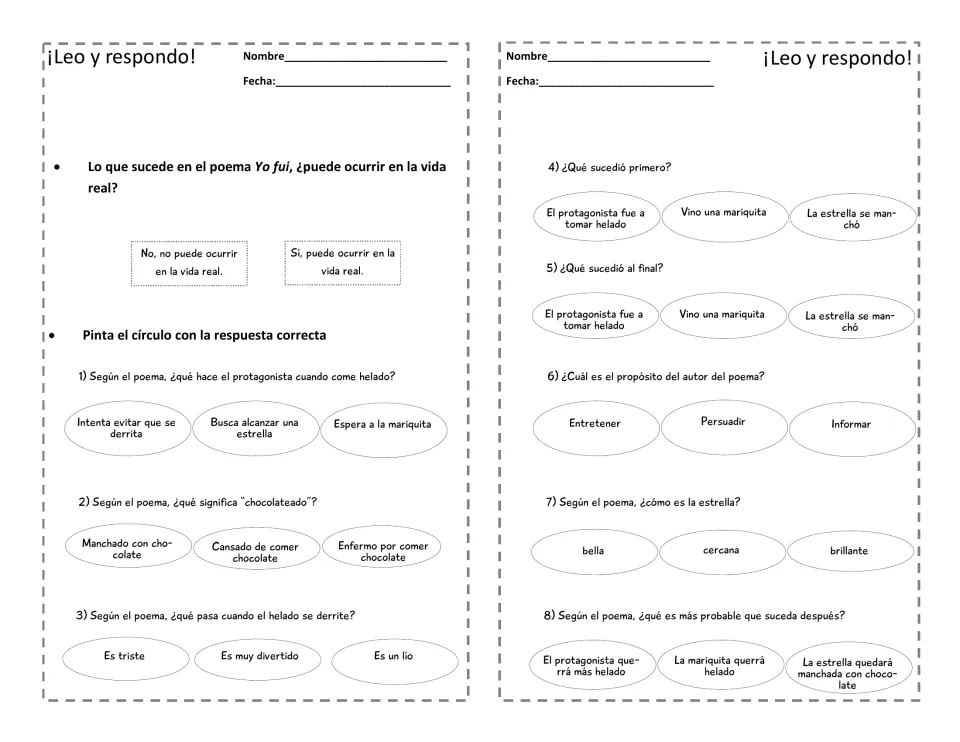 Spanish poem comprehension questions cover fantasy, vocabulary, sequence, author’s purpose, and prediction.