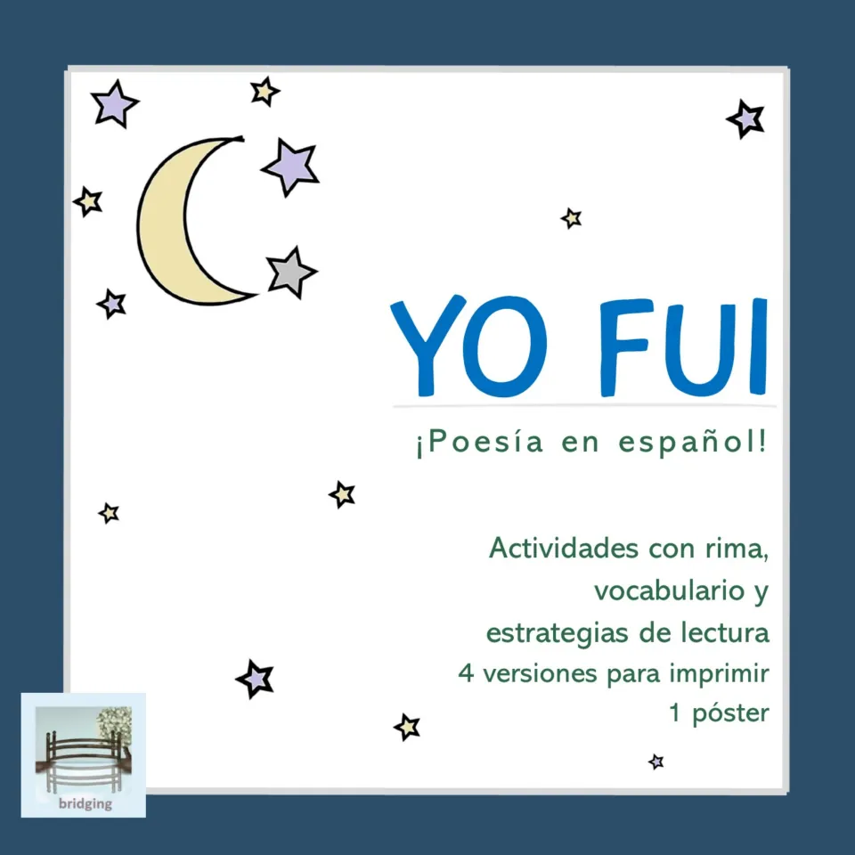 Yo fui Spanish poetry packet cover listing rhyme, vocabulary, reading activities, four versions, and a poster