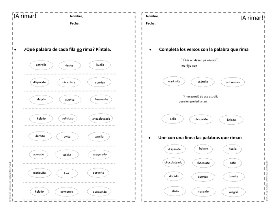 Spanish rhyme activities ask students to identify nonrhyming words, complete poem lines, and match rhyming words