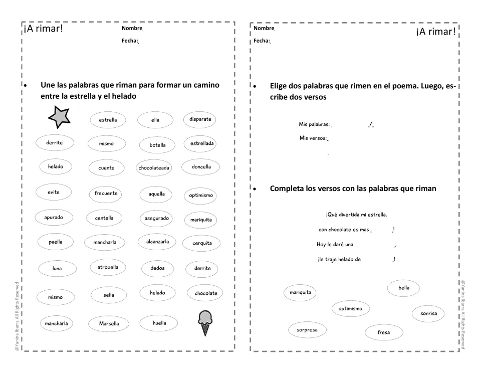 Spanish rhyme activities feature a word path from a star to ice cream, writing two verses, and completing verses