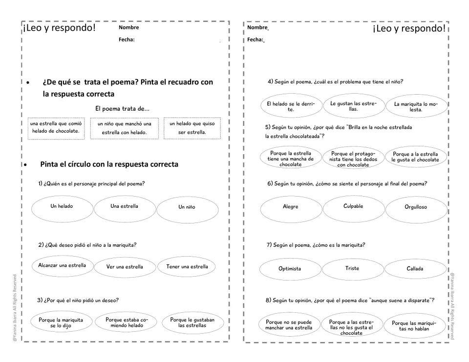 Spanish poem comprehension questions cover the main character, his wish, melting ice cream, and his feelings