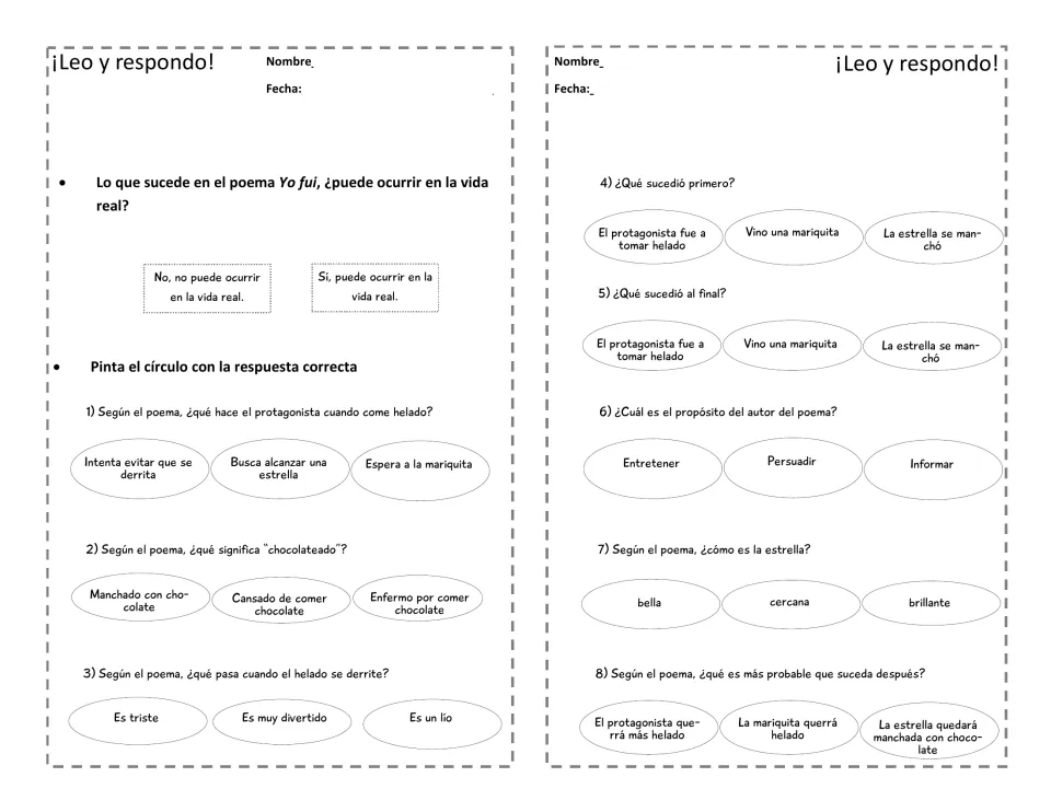 Spanish poem comprehension questions address fantasy, event order, word meaning, author's purpose, and prediction