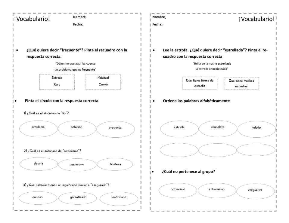 Spanish vocabulary activities explore frecuente (frequent), synonyms, antonyms, alphabetical order, and word groups