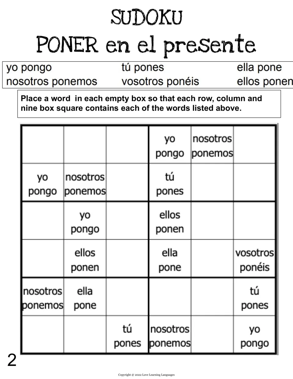 Sudoku 2 on present-tense poner: from clues like yo pongo and tú pones, students fill the blanks with the six forms