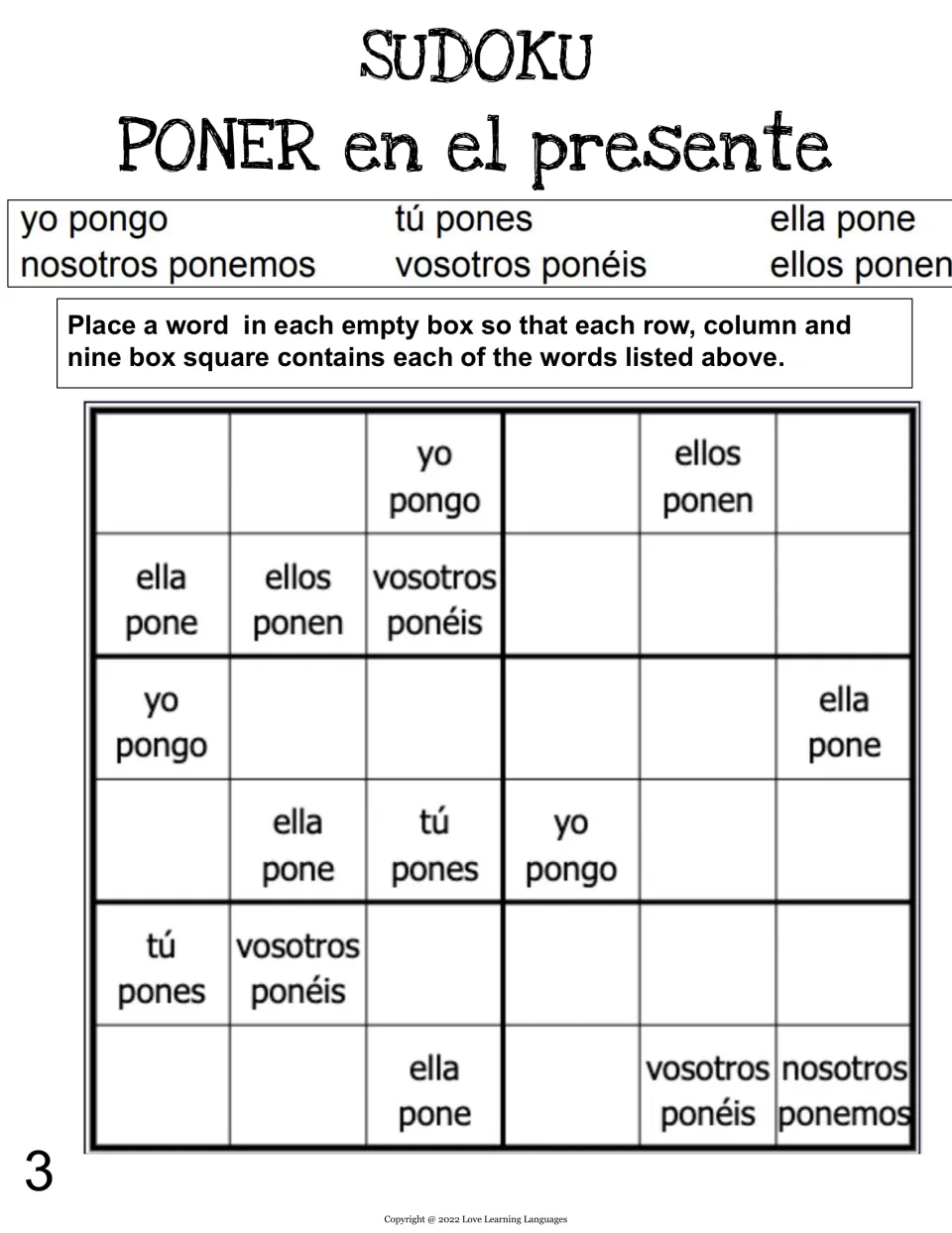 Third poner sudoku: learners fill it so each row and column holds every form, yo pongo to nosotros ponemos