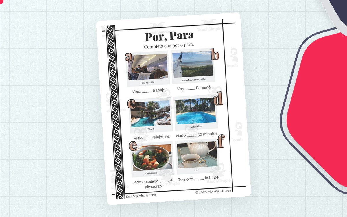Por versus para Spanish worksheet with six travel photographs and sentence blanks for choosing each preposition