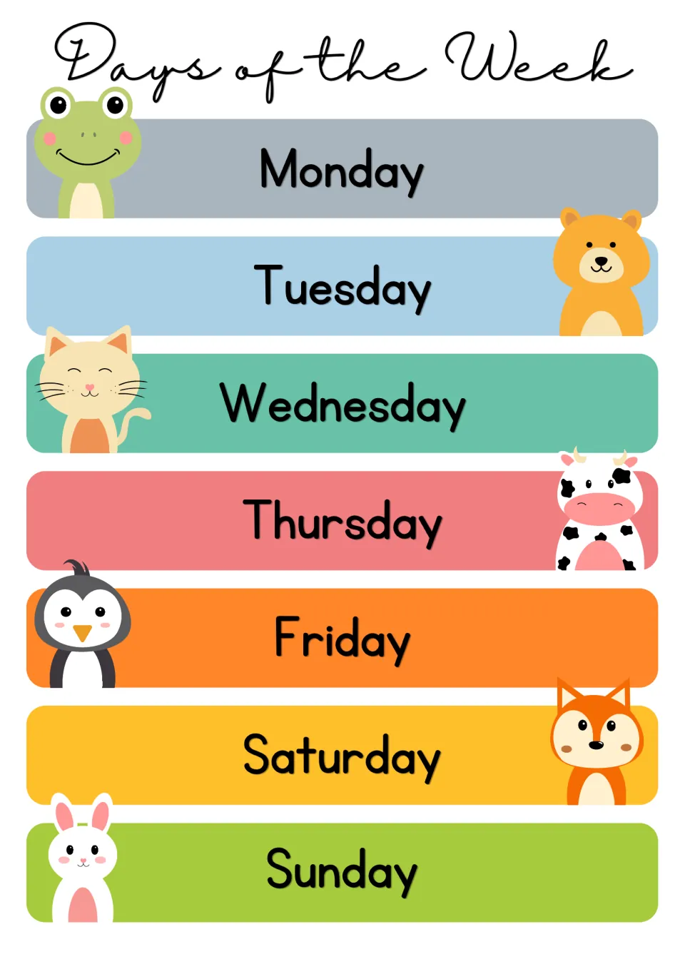 English days of the week poster: Monday through Sunday in order, each day paired with a cartoon animal like a frog or fox