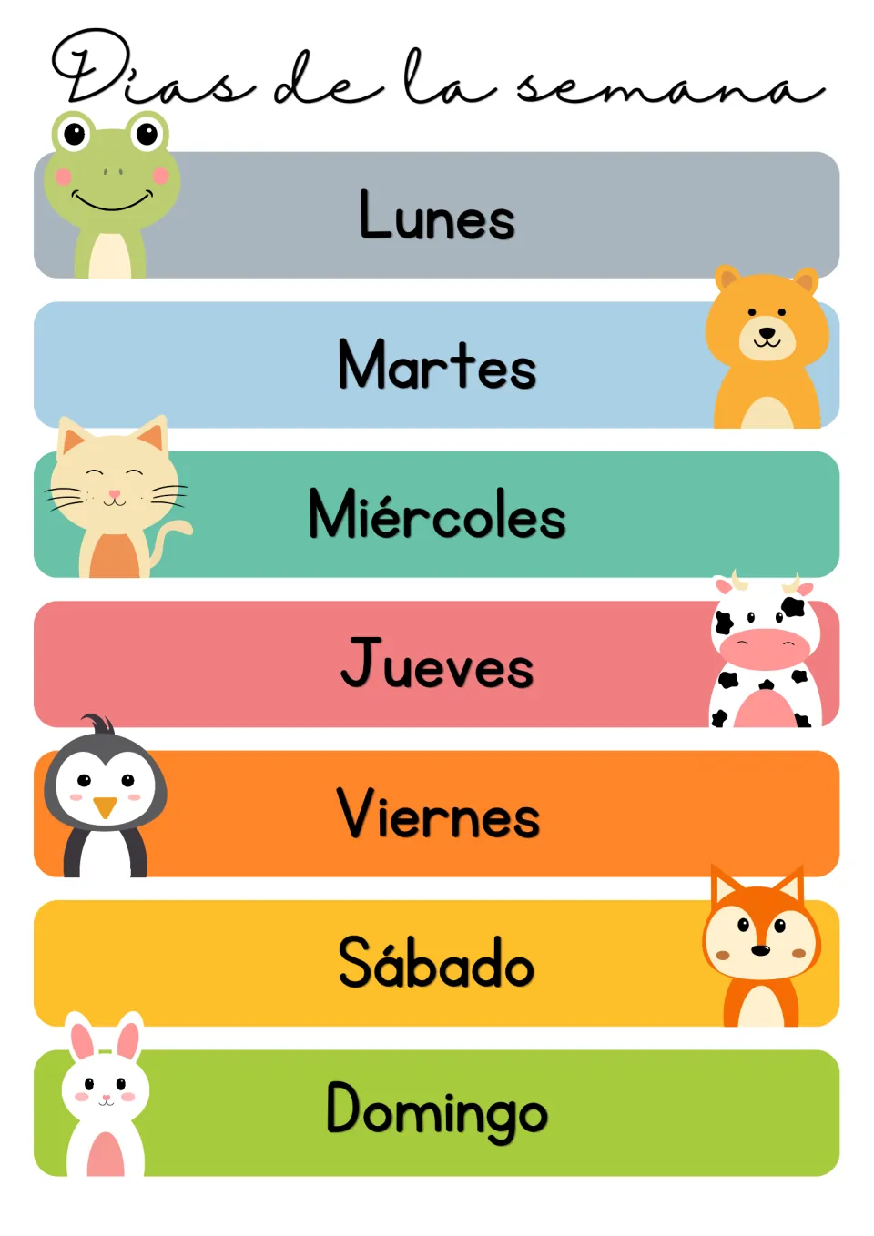 Días de la semana poster in Spanish: lunes, martes, miércoles, jueves, viernes, sábado and domingo, each with an animal