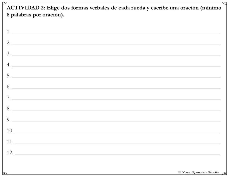 Writing activity: choose two verb forms from each wheel and write 12 sentences of at least eight words each