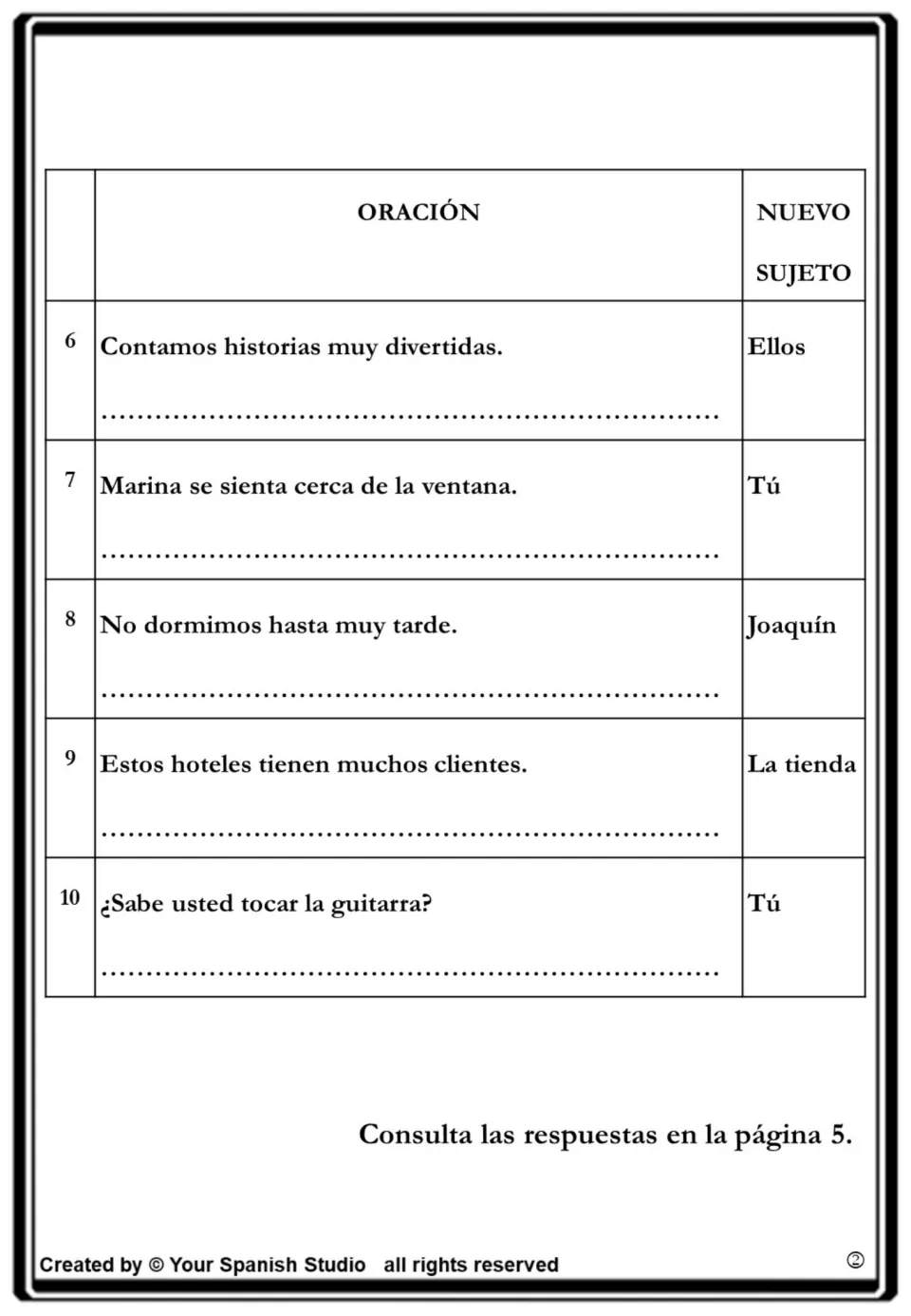 Exercise 1, items 6–10: rewrite Spanish sentences using contar, sentarse, dormir, tener, and saber