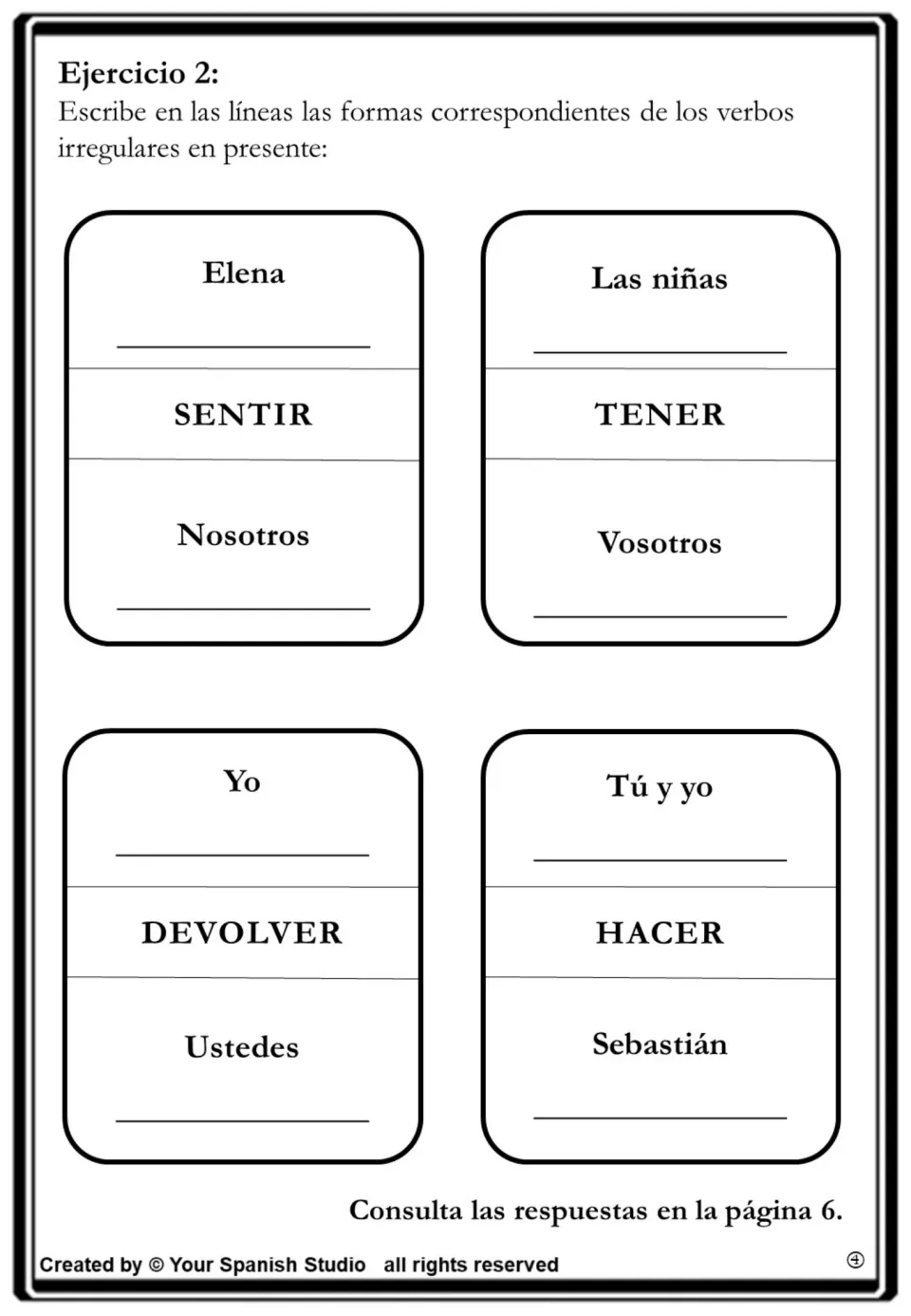 Exercise 2: eight Spanish present tense forms for sentir (feel), tener (have), devolver (return), and hacer (do)