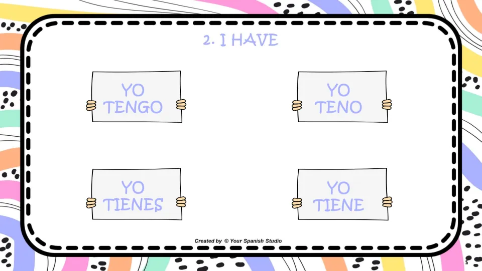 Question 2 of the Spanish yo-form game asks “I HAVE,” with choices yo tengo, yo teno, yo tienes, and yo tiene.