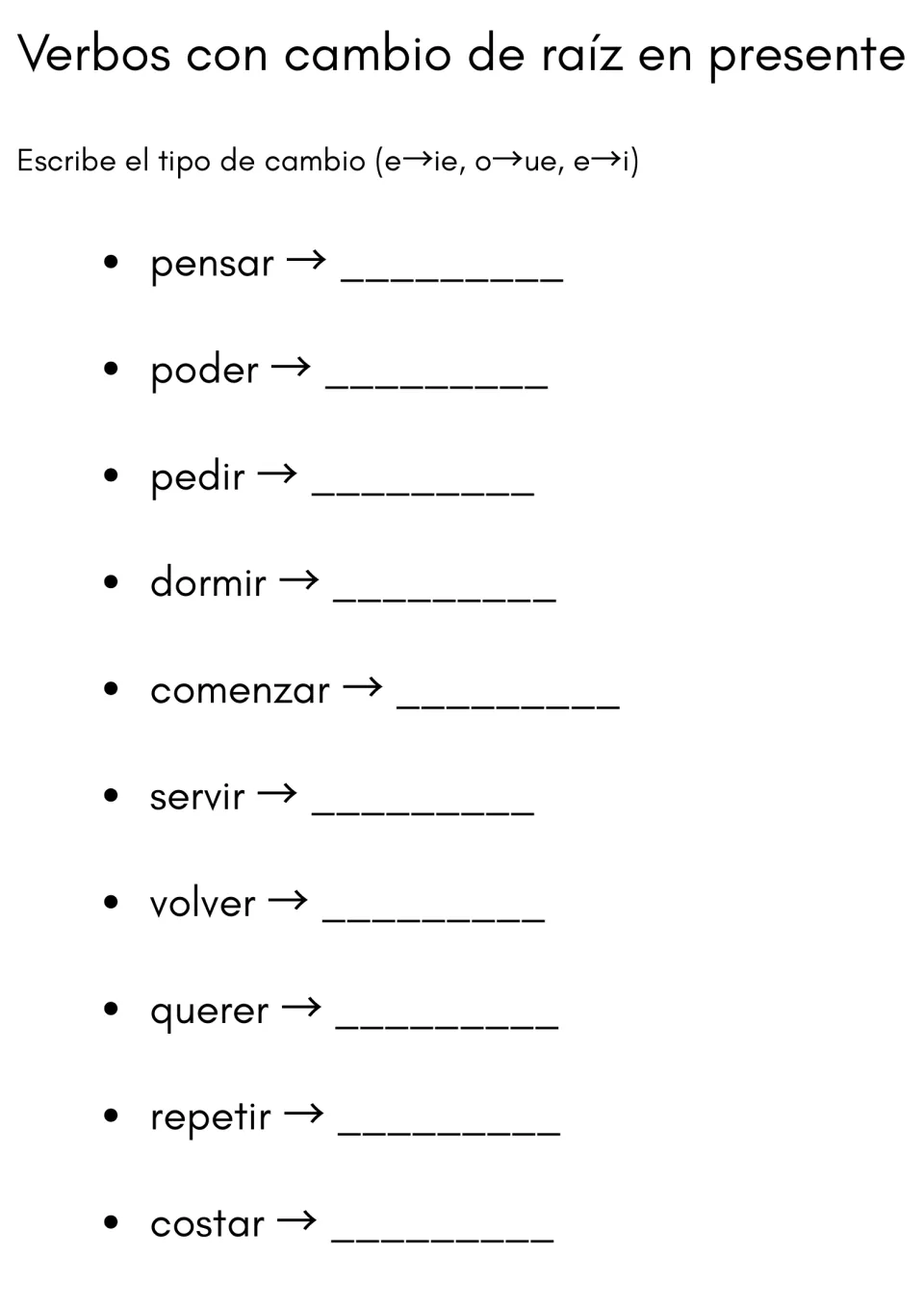 Spanish stem-changing verbs: students label the stem change (e→ie, o→ue, e→i) for 10 verbs such as pensar and dormir
