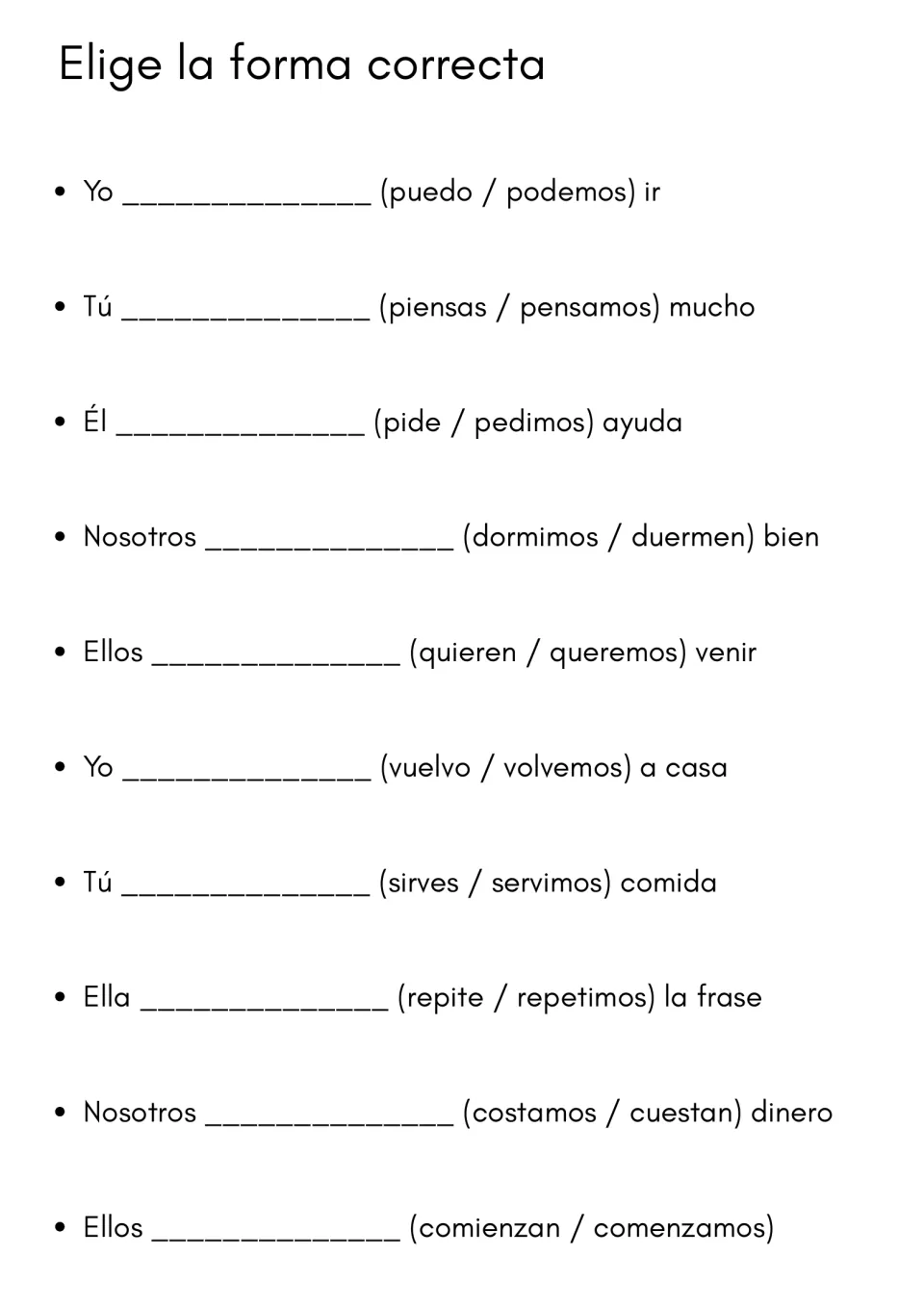 Multiple choice verb forms: students pick the correct present form, such as puedo or podemos, to complete 10 sentences