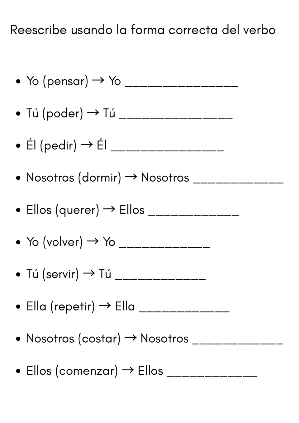 Rewriting pronoun and verb pairs: students turn prompts like Yo (pensar) into the conjugated present form for 10 items