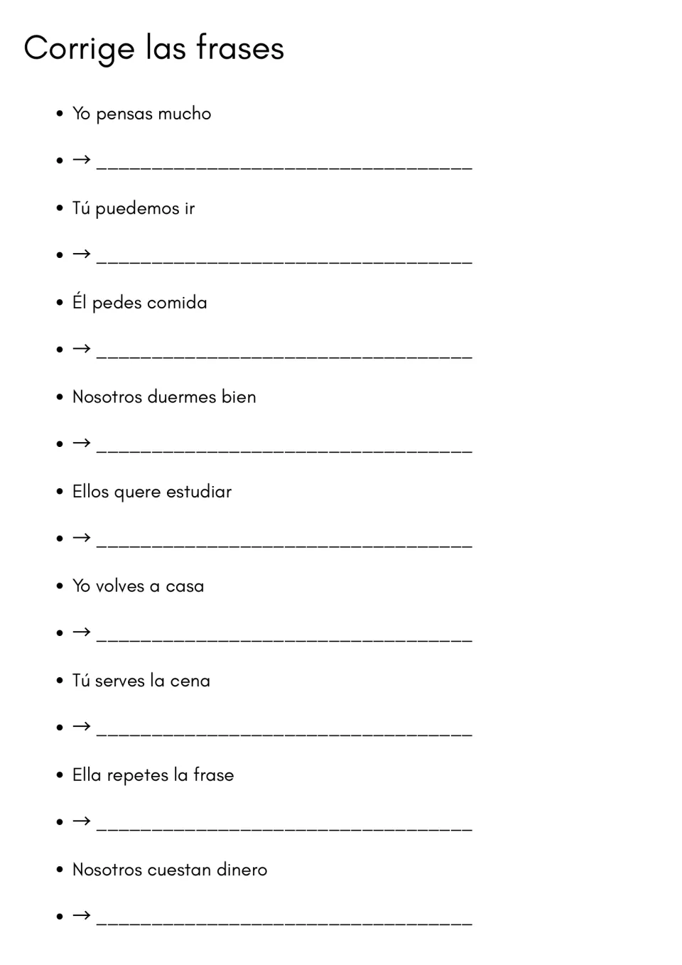 Error correction: students fix nine Spanish sentences with wrong verb forms, such as Yo pensas mucho, and rewrite each one