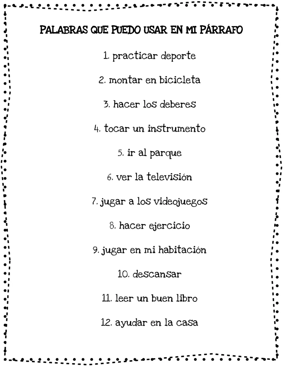 Booklet vocabulary: 12 Spanish activity phrases, including 'montar en bicicleta' (ride a bike) and 'descansar' (rest)