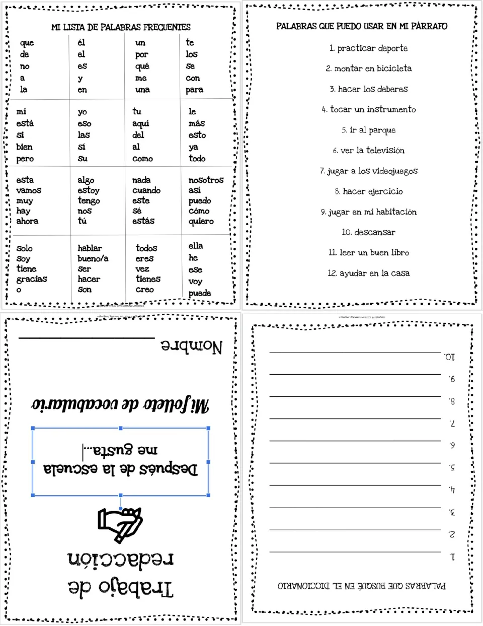Combined vocabulary booklet sheet: after-school cover, 10-entry dictionary log, 12 phrases, and 80 common words