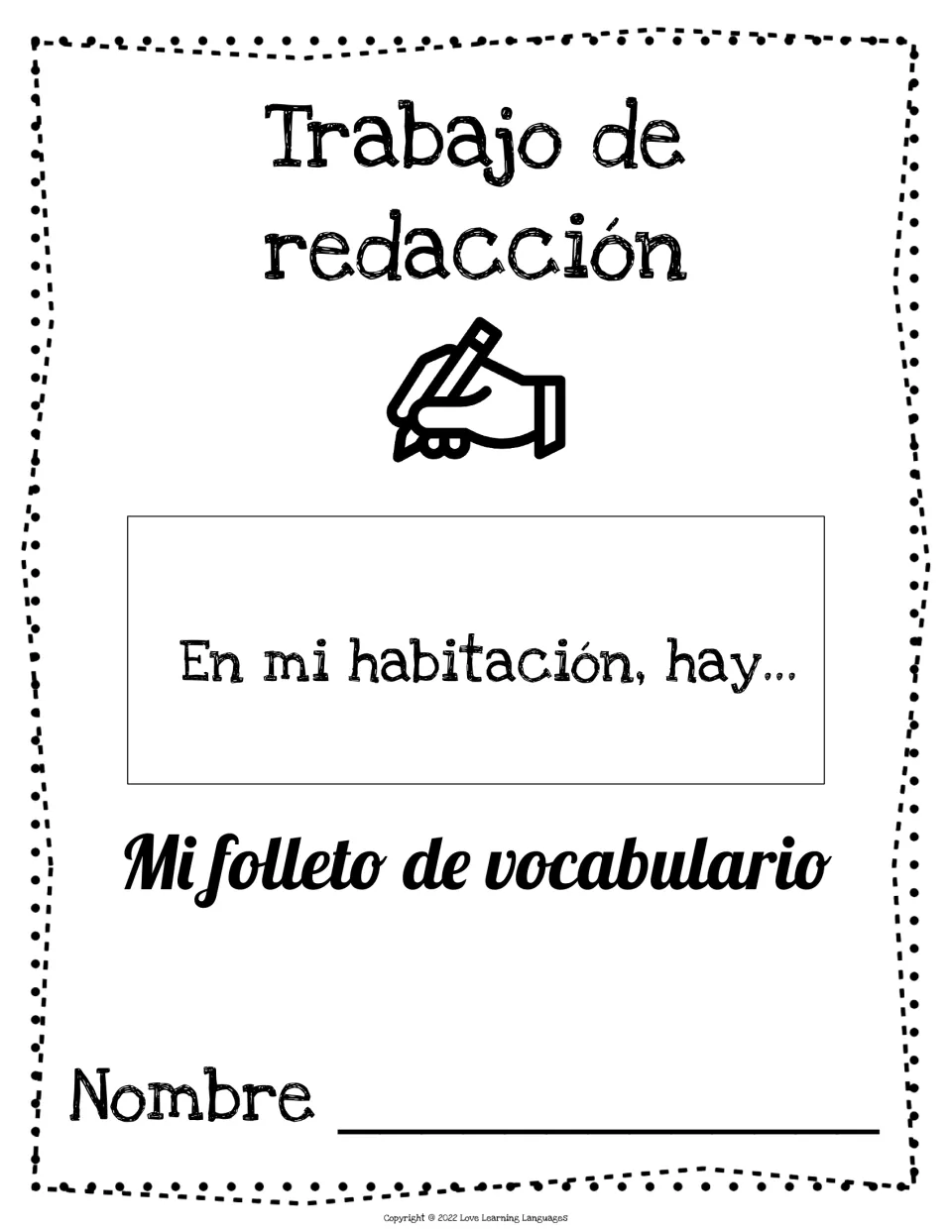 Vocabulary booklet cover for “En mi habitación, hay...” (In my room, there is...), with a name space.