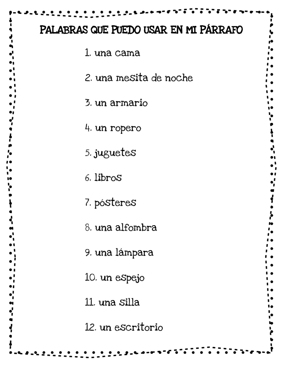 Bedroom writing vocabulary: una cama (a bed), una silla (a chair), un espejo (a mirror) and nine more terms.