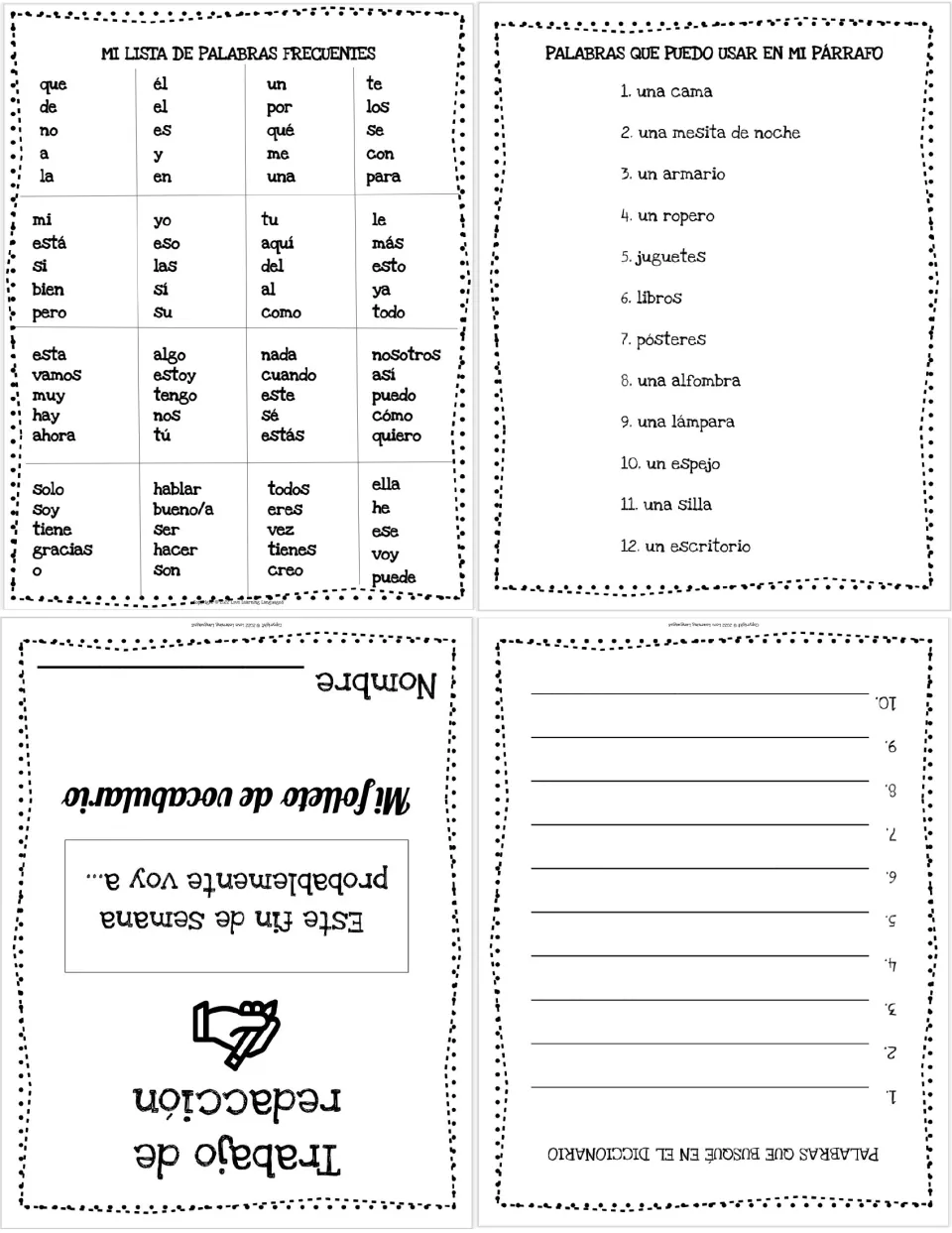 Four-panel vocabulary booklet sheet: common words, 12 bedroom terms, dictionary log and weekend-plans cover.