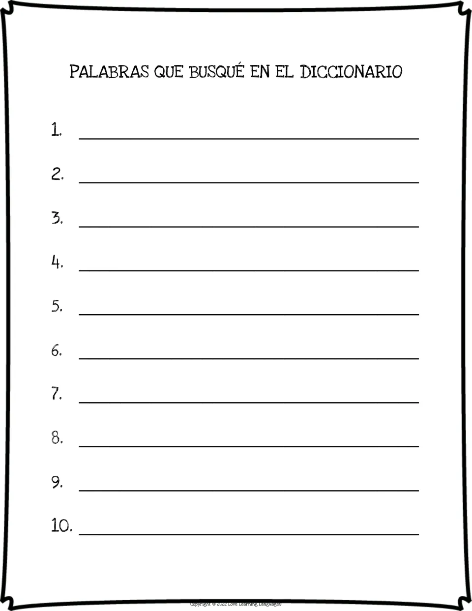 Vocabulary booklet dictionary log titled 'Palabras que busqué en el diccionario' (Words I looked up), 10 entries