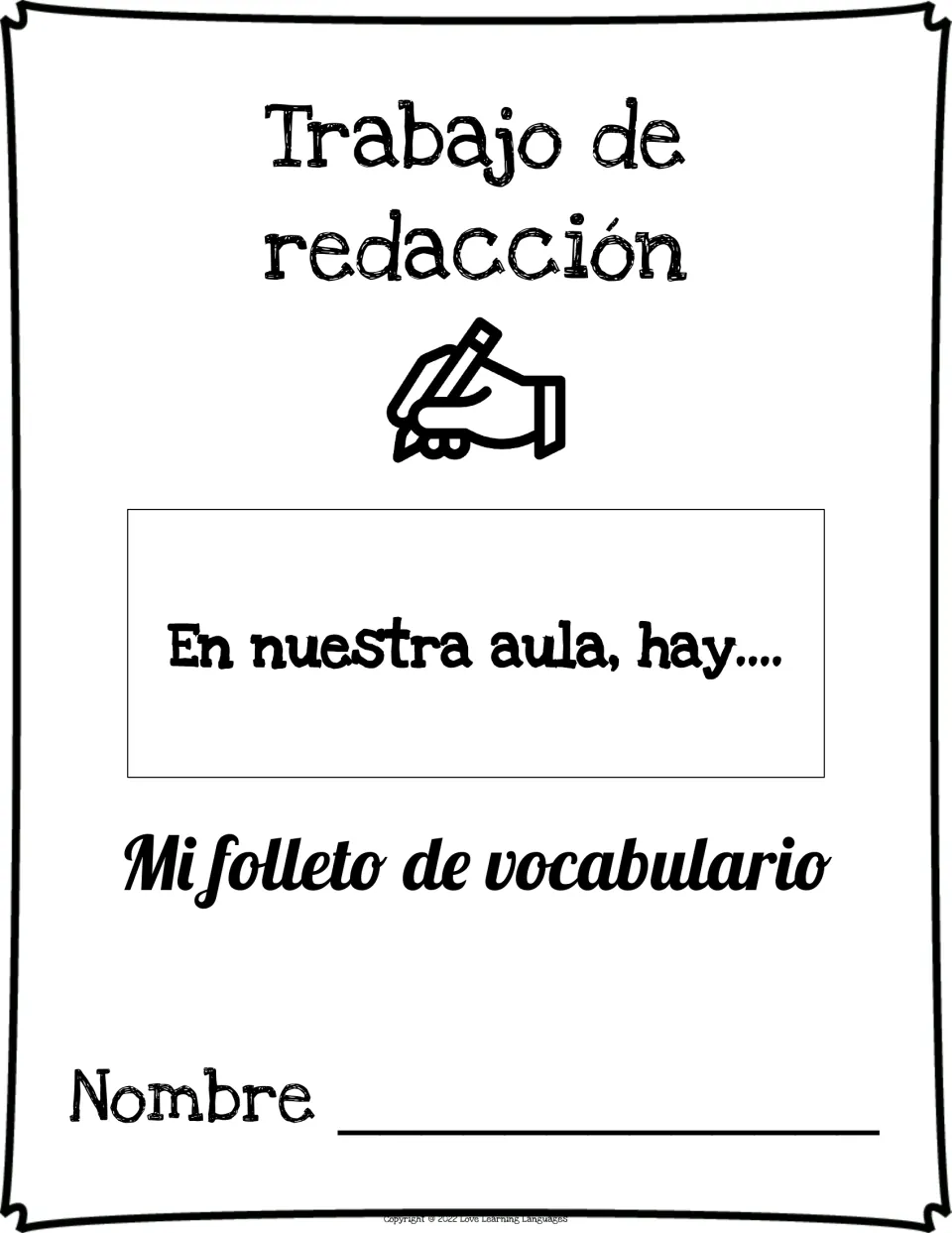 Vocabulary booklet cover: 'En nuestra aula, hay...' (In our classroom, there are...), with a name field