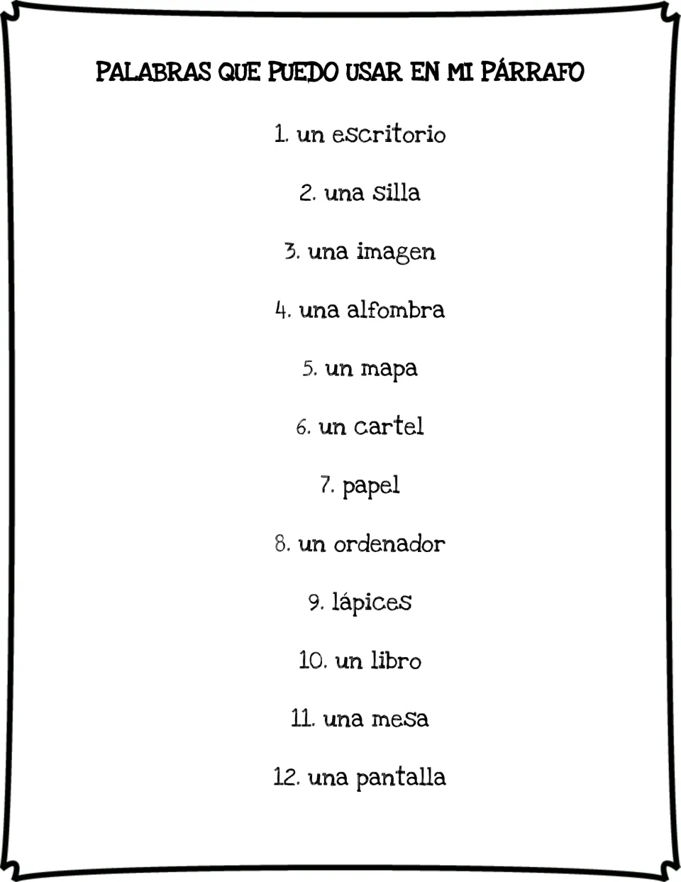 Vocabulary booklet list of 12 classroom terms, including un escritorio (desk) and una silla (chair)